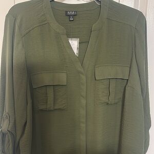 SOLD a.n.a Green Boxy 3/4 Sleeve Blouse with Mandarin Collar